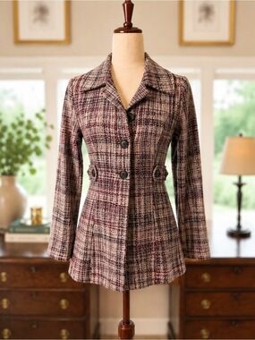 KLD Signature Tweed Plaid Blazer Jacket Small Burgundy Academia Chic